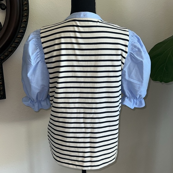 Veronica Beard Women’s Raegan Mixed-Media Top Puffed Ruffle Short Sleeves V-Neck - Picture 5 of 16